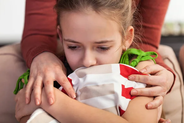 Woman Hands Conforting Troubled Sad Teenager Girl Holding Her Shoulders — Stock Photo, Image