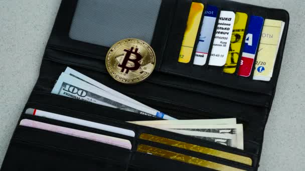 Golden och silver bitcoins och hundra dollarsedlar i läder plånbok. Bitcoin hos dollar i handväskan. Resultat från gruvdrift krypto valuta. Gruvarbetare med dollar och guld bitcoin. Bussiness, kommersiella. — Stockvideo