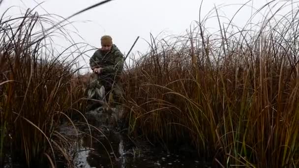 Chasse au canard avec mannequins canards au concept de tourbière — Video