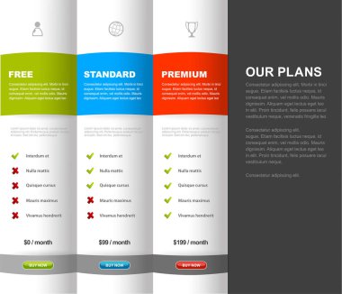 Web sitesi ürün karşılaştırma tablosu şablonunu 3 seçenek ile fiyatlandırma.