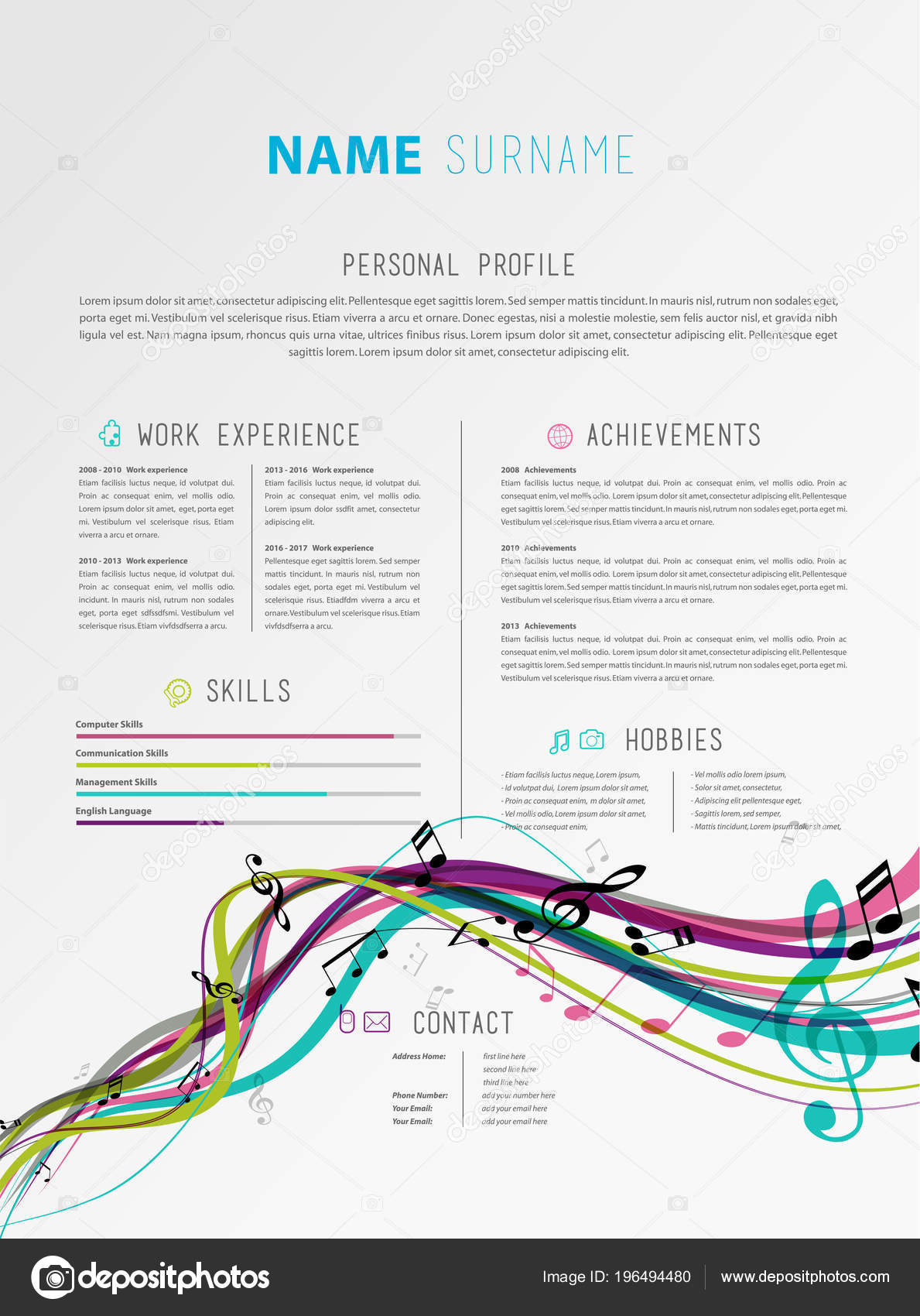 Kreative Einfache Lebenslauf Vorlage Mit Bunten Musik Melodien Und