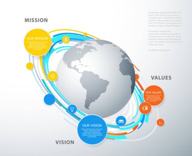 Renkli daireler ve Misyon, vizyon ve değerleri diyagramı küre ile vektör şablonuyla.