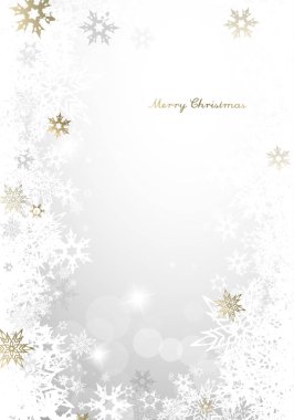 Altın ve beyaz kar taneleri ve Merry Christmas metin - light sürümü ile Noel ışık arka plan