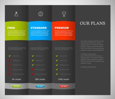 Website product pricing comparison table template with 3 options. clipart