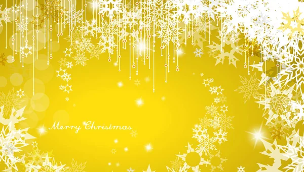 Kerstmis Achtergrond Met Sneeuwvlokken Daarnaast Eenvoudige Tekst Merry Christmas Gele — Stockvector