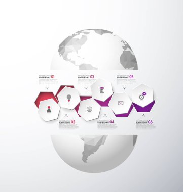 Infographic şablonu altı renkli altıgenler ve poligonal harita - light sürümü etrafında simgeleri hattı ile.