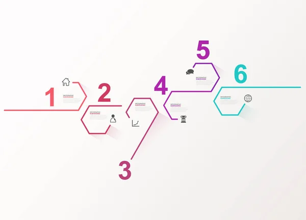 Sex Färgglada Hexagon Framsteg Steg Vektorillustration Med Ikoner Och Plats — Stock vektor