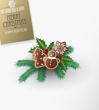 Merry Christmas dilek ve çam dalları ile gingerbread tatlılar.