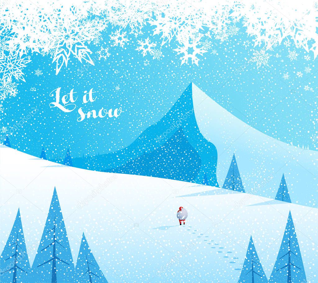 Winter mountain landscape scenery with Santa Claus and Merry Christmas text with pine trees and stars.