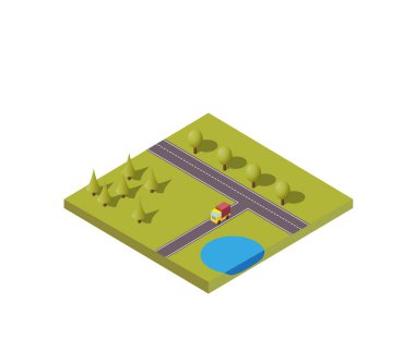 İzometrik vektör çizim arka plan doğa manzara kamyonla çam ormanı ve su birikintisi yakın yolda hareket ile.