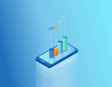 İzometrik smartphone vektör çizim arka plan şablonu ile renkli grafikler ekranın dışına geliyor.
