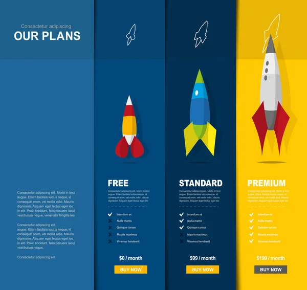 Afbeelding Achtergrond Voor Prijsvergelijking Van Diensten Producten Met Geïllustreerde Raketten — Stockvector