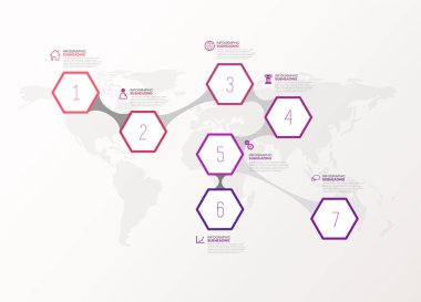 Yedi renkli altıgenler simgeleri ile ilerleme adımları illüstrasyon vektör ve firma bilgilerinizi için yerleştirin. Kullanılabilmesi için sunuyu, web tasarım, tırnak, anket, afiş, çalışma için.