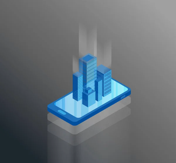 Izometrikus Smartphone Vektoros Ábra Mintadeszka Val Felhőkarcoló Épületek Jön Képernyőn — Stock Vector