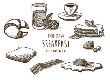 Vektör illustraion el kümesi satır tekniği ile oluşturulan kahvaltı öğeleri çizmek.