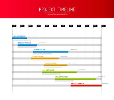 Proje zaman çizelgesi grafik vektör çizim arka planı renkli çubuklarla genel proje kilometre taşlarını gösterilen.