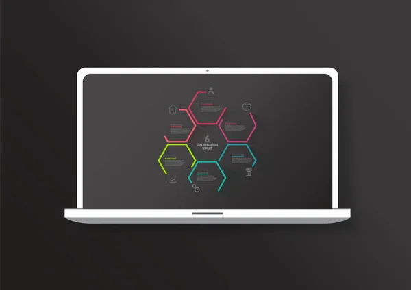 六个五颜六色的六边形矢量进度步骤插图与图标和地方为您的公司的信息显示在笔记本电脑屏幕上 — 图库矢量图片