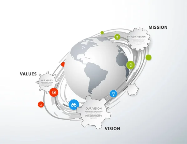 Vector mall med färgglada kugghjul och Mission, Vision och — Stock vektor