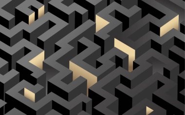 Siyah, beyaz ve altın renkli Labirent, labirent. Vektör ıllustrati