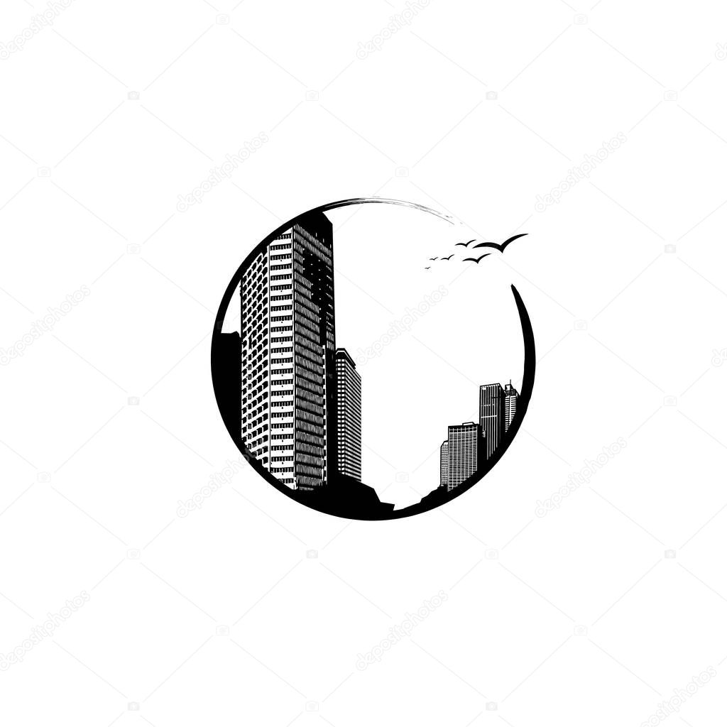 Black and white vector panorama of cityscape illustration placed