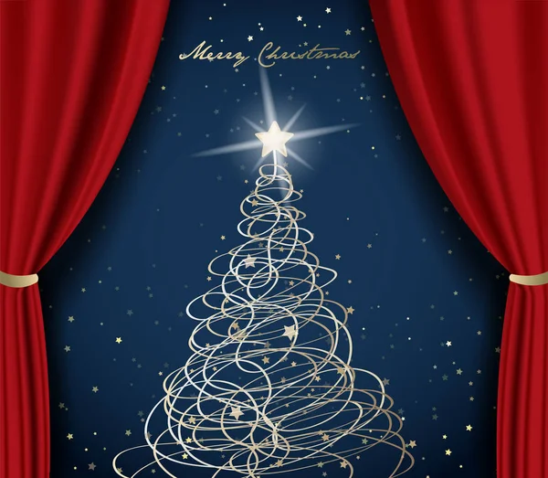 Veselé Vánoce s vánočním stromečkem na červeném pozadí opony. — Stockový vektor