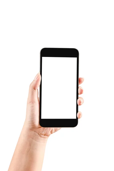 Beyaz arka planda izole edilmiş siyah telefonu tutarak elinizi kapatın. Medyanızı veya ürününüzü göstermek için kullanabilir.