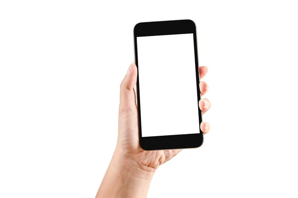 Beyaz arka plan üzerinde siyah smartphone tutan el