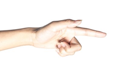 Dokunmadan veya kırpma yolu ile beyaz arka plan üzerinde izole bir şey işaret eden el kadar kapatın.