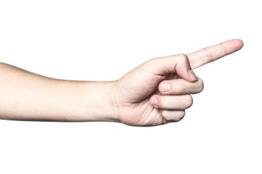 Dokunmadan veya kırpma yolu ile beyaz arka plan üzerinde izole bir şey işaret eden el kadar kapatın.