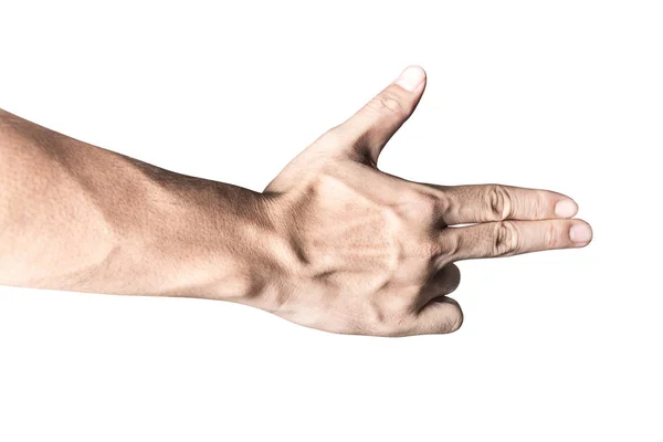 Close Gun Hand Signal Zwei Finger Isoliert Auf Weißem Hintergrund — Stockfoto