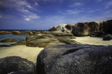 View of a group of big stones on the Tanjung Tinggi beach from island Belitung/Indonesia/