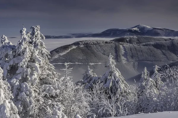Uma vista de uma paisagem de inverno do topo da Montanha Radhost — Fotografia de Stock