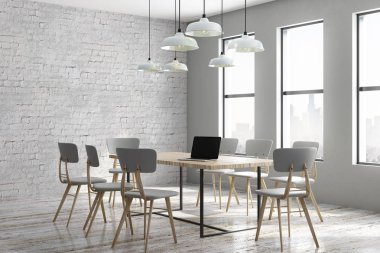 Yeni çatı odası iç mobilya, ekipman, şehir manzaralı ve gün ışığı ile Toplantı. 3D render 