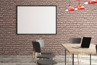 Modern konferans odası iç boş afiş, dizüstü bilgisayar ve gün ışığı. Reklam kavramı. Alay etmek yukarıya, 3d render 