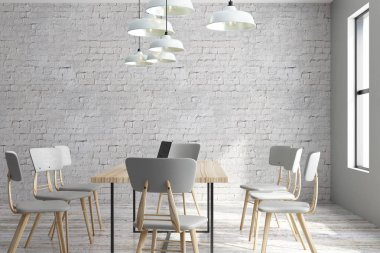 Temiz çatı odası iç mobilya, ekipman, şehir manzaralı ve gün ışığı ile Toplantı. 3D render 