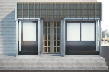 Modern cam shopfront iç boş afiş ve güneş ışığı ile. Perakende satmak, ticaret ve reklam kavramı. Alay etmek yukarıya, 3d render 