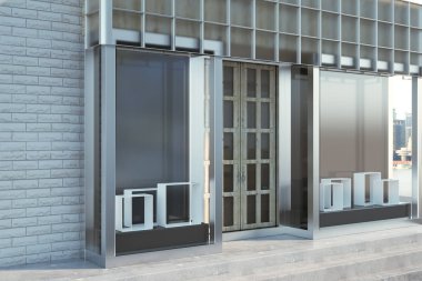 Kentsel cam Mağazası dış kopya alanı ile. Moda ve reklam kavramı. Alay etmek yukarıya, 3d render 
