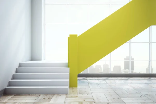 当代混凝土办公室内带黄色 Stairscase 全景城市景观和复制空间 — 图库照片