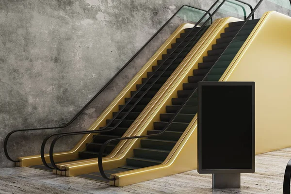 Golden Escalator Concrete Metro Interior Empty Poster Advertisement Retail Concept — Stock Photo, Image
