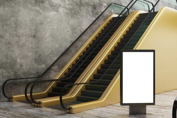 Escada Rolante Dourada Interior Metro Concreto Com Banner Anúncio Vazio — Fotografia de Stock