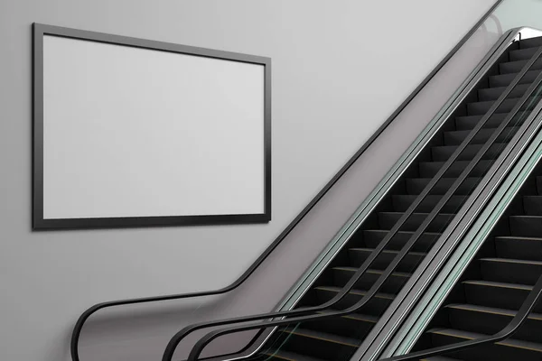 银色自动扶梯在混凝土地铁内部与空的广告牌 广告和零售概念 — 图库照片