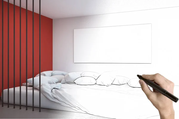 手空ポスターと創造的な寝室インテリア スケッチを描画します エンジニア リング 不動産 広告コンセプト レンダリングを模擬 — ストック写真