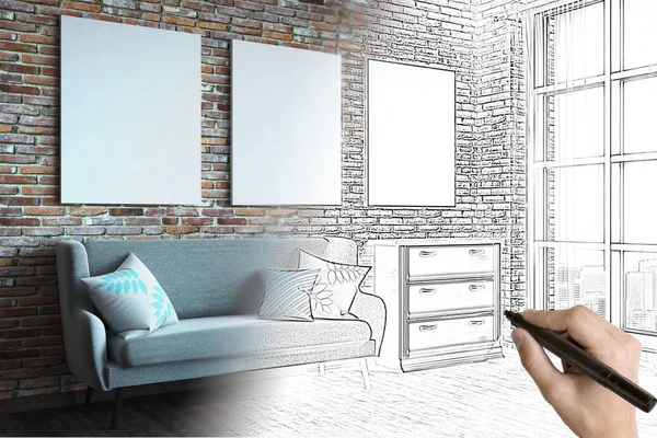 Hand drawing creative living room interior sketch with empty poster. Engineering, architecture and advertisement concept. Mock up, 3D Rendering