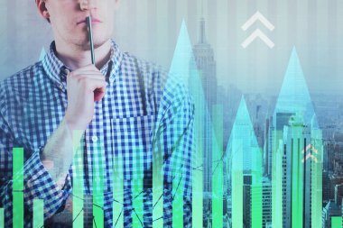 Yatırım, broker ve arayüz kavramı. Forex grafik soyut şehir zemin üzerine iş adamı. Çift Pozlama 