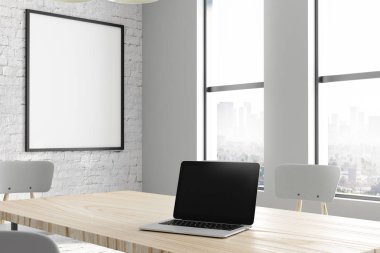 Modern beyaz tuğla ofis iç boş dizüstü bilgisayar ve poster duvara. Alay etmek yukarıya, 3d render 