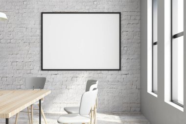 Modern oda içi boş toplantı beyaz çerçeveli poster tuğla duvar ve gün ışığı. Sunu kavramı. Alay etmek yukarıya, 3d render 
