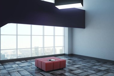Panoramik kent görünümü ve kopya alanı ile modern parlak sergi salonu. Galeri ve Müze kavramı. Alay etmek yukarıya, 3d render 