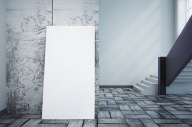 Modern iç merdiven ve beton duvara yaslanmış beyaz afiş ile. Müze kavramı. Alay etmek yukarıya, 3d render 