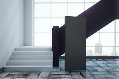 Modern iç merdiven, şehir manzaralı ve boş siyah reklam bayrak. Galeri ve sergi kavramı. Alay etmek yukarıya, 3d render 
