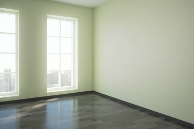 Yeni boş ofis iç panoramik kent manzaralı ve gün ışığı. 3D render 